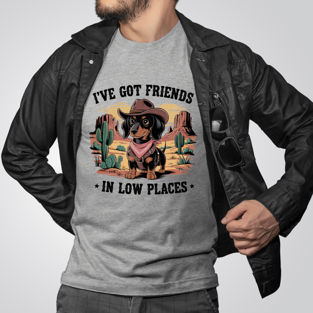 Cowboy Dachshund T-Shirt “I Have Friends in Low Places”